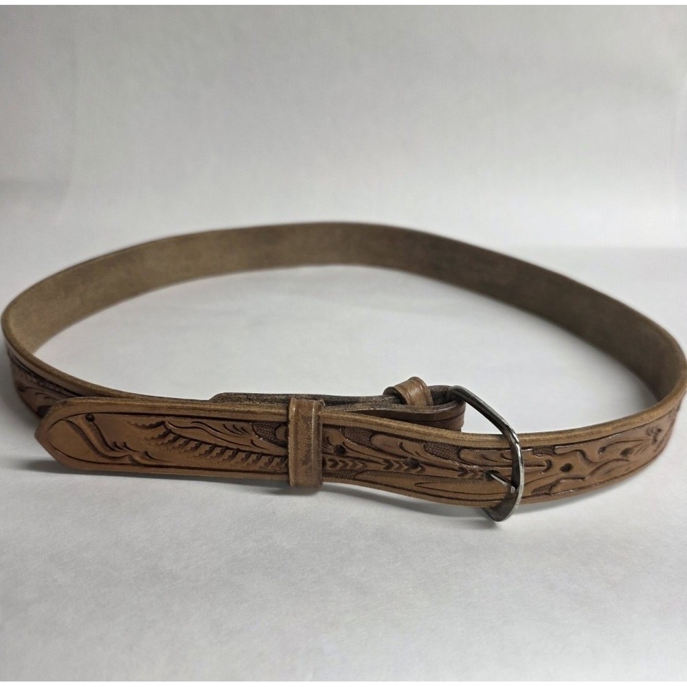 Western Leather Belt Women Sz 32 Brown Filagree Cowgirl 1" wide, Hand tooled EUC